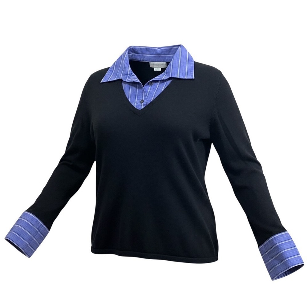 Worthington Black V-Neck Layered Sweater Blue Striped Collar Cuffs XL